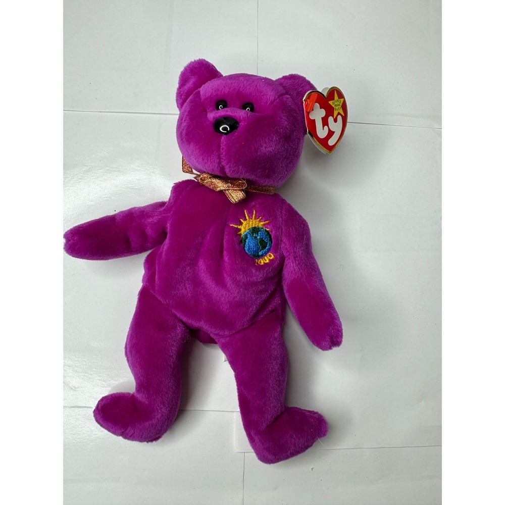 Ty Beanie Babies Millennium Bear Purple Plush 2000 Earth Sun Embroidery Tag 1999